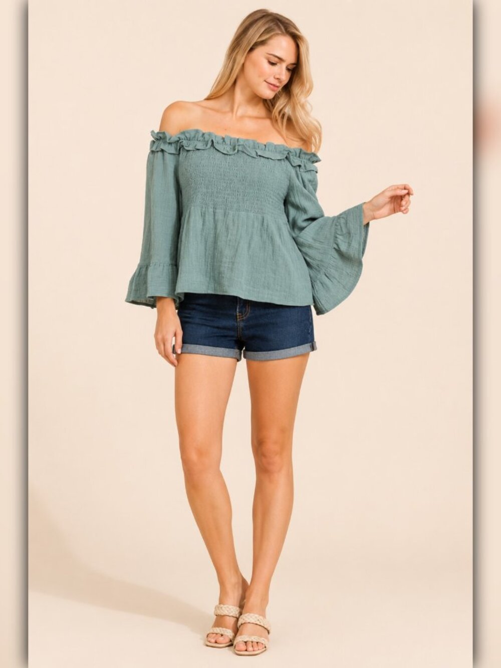 A380 • Sage Smocked Off Shoulder Bell Sleeve Top